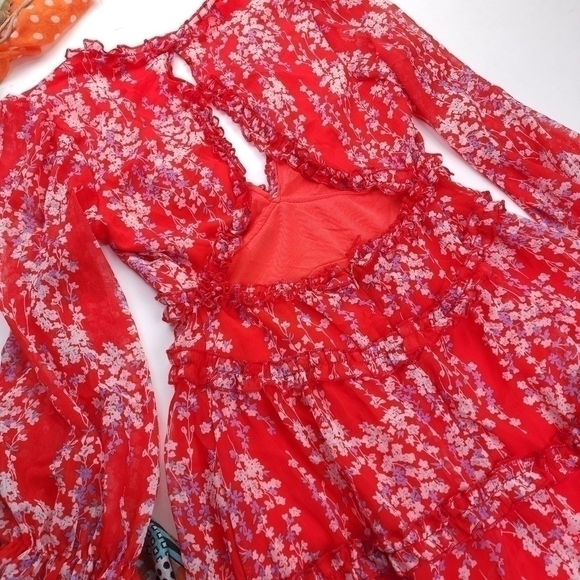 Red Pink Floral Boho Gorgeous Keyhole Back Dress Size M - Picture 14 of 14